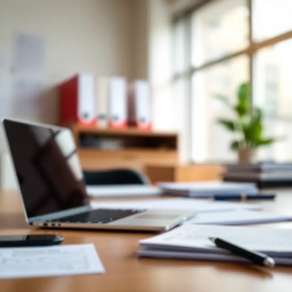 Blurred office desk with papers and laptop, background image