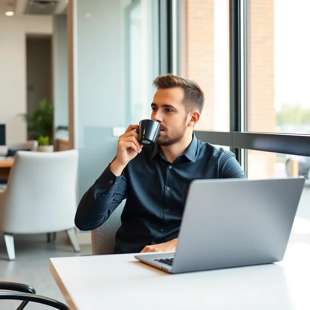 Man in office drinking coffee and working on laptop, sitting by window with modern interior