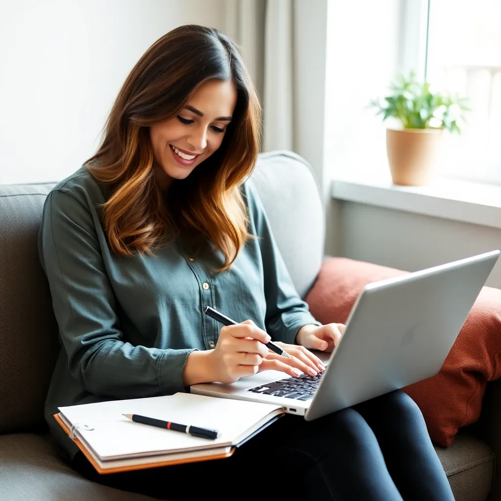 Woman smiling and working on laptop with notebook and pen, sitting on couch near window